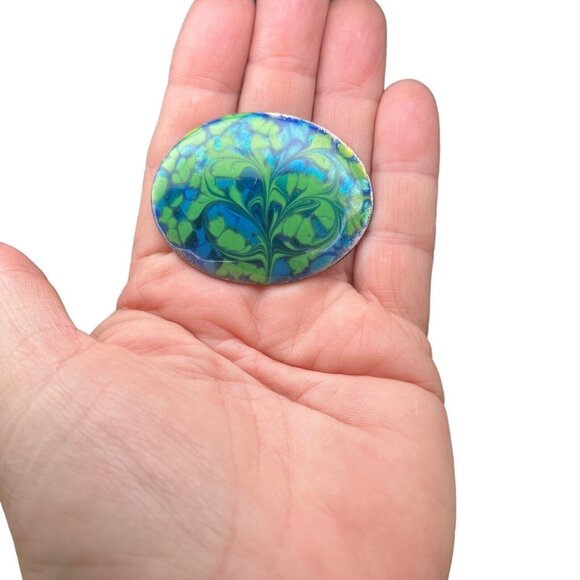 Vintage Enamel Oval Brooch Copper Blue Green Artist Inga Carlson Signed 2” - Picture 3 of 5
